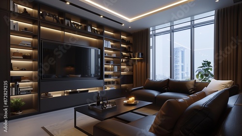 Wallpaper Mural A contemporary luxury TV lounge featuring a dark brown leather sectional sofa Torontodigital.ca