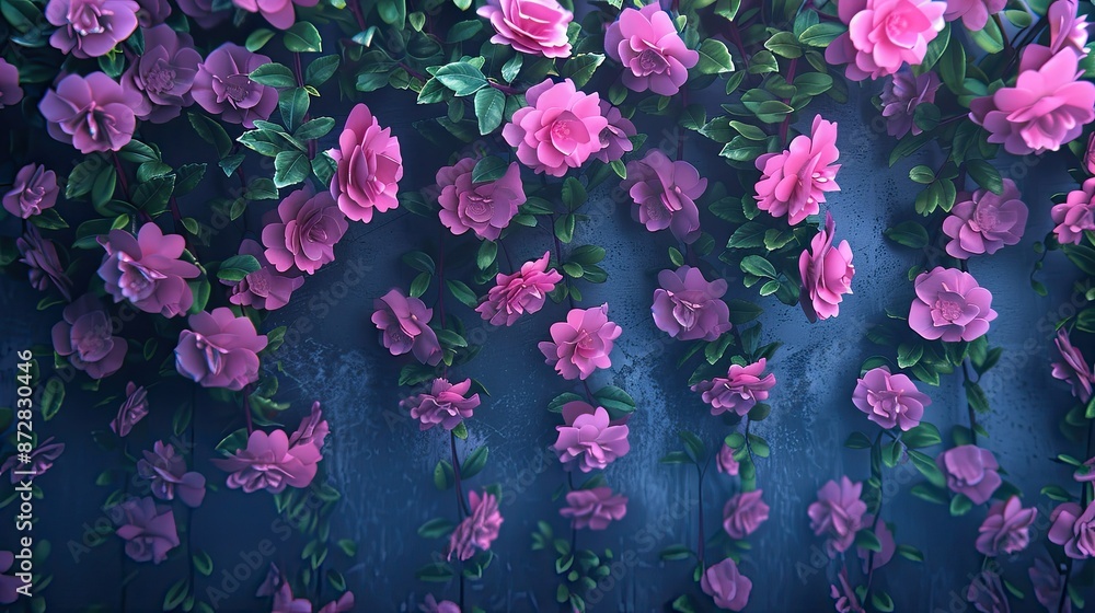 A Tapestry of Pink Roses Cascading on a Blue Wall A Tapestry of Pink Roses Cascading on a Blue Wall