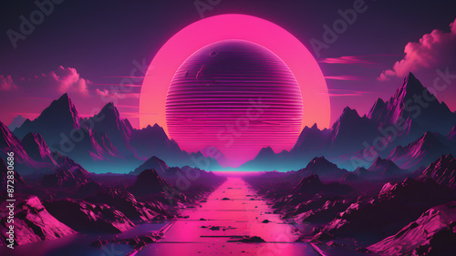 Planet surface with a pink and purple 80s style neon look synthwave, Generative AI