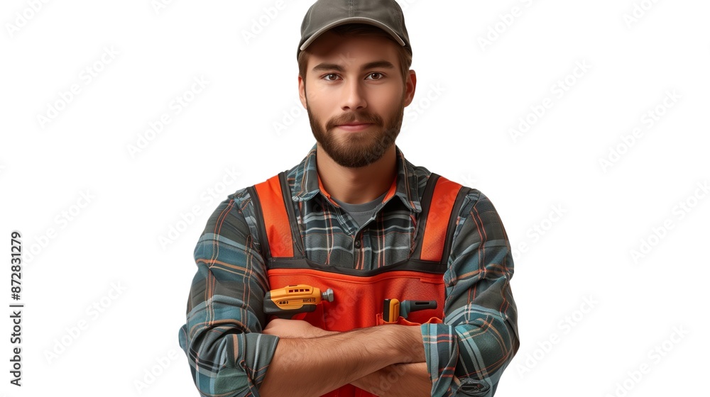 A Confident Male Construction Worker With Tools in His Pocket A Confident Male Construction Worker With Tools in His Pocket