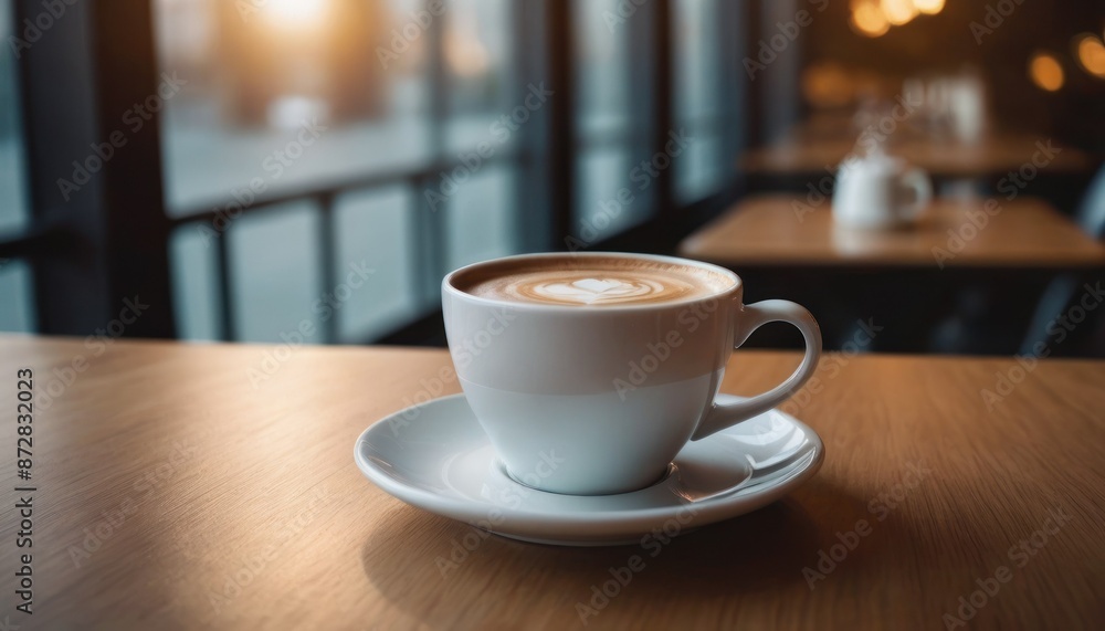 Cafe hot cup of coffee on a saucer on a dark background, casting a thin shadow. Bokeh in the background. Cafe hot cup of coffee on a saucer on a dark background, casting a thin shadow. Bokeh in the background.