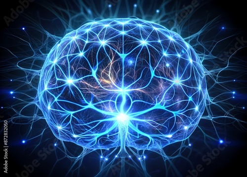 _abstract illustration of brain-inspired neural network with glowing neurons and synapses, radiant blue light emanating from interconnected nodes and fibers in dark space._