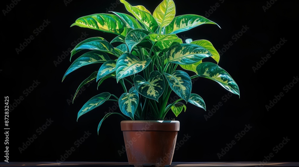 Green and White Variegated Dieffenbachia Plant in Pot on Black Background Green and White Variegated Dieffenbachia Plant in Pot on Black Background