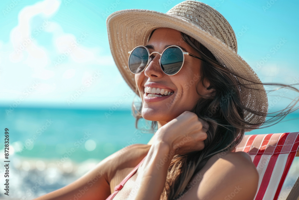 A young woman wearing sunglasses and a straw hat by the seaside A young woman wearing sunglasses and a straw hat by the seaside