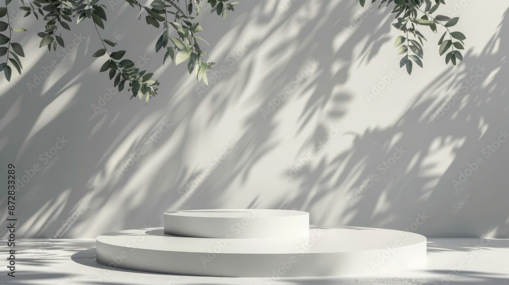 3D white product podium display with white background and tree shadow ...