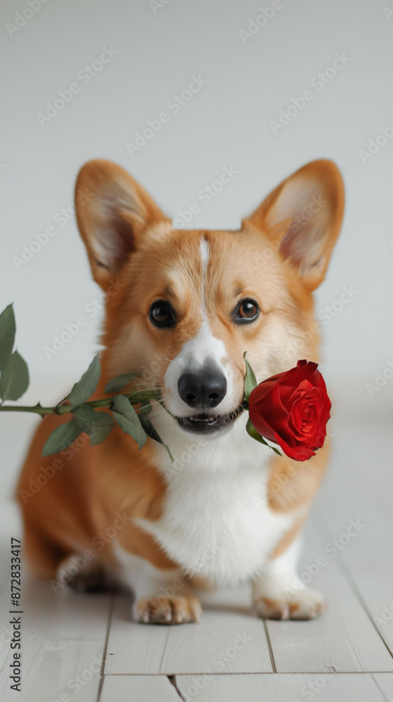 A cute corgi dog with red rose in its mouth while sitting on a wooden floor. perfect for themes related to love, romantic, pets, and Valentines Day. copy space A cute corgi dog with red rose in its mouth while sitting on a wooden floor. perfect for themes related to love, romantic, pets, and Valentines Day. copy space