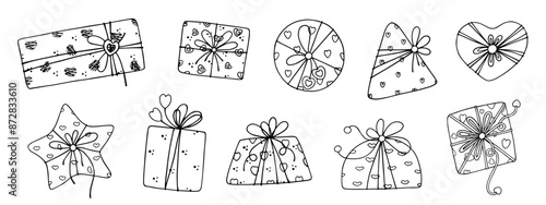 Collection of linear sketches, outlines of gifts in festive packaging for Valentine's Day. Vector graphics.