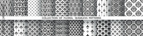 Geometric floral set of seamless patterns. White and black vector backgrounds. Damask graphic ornaments.