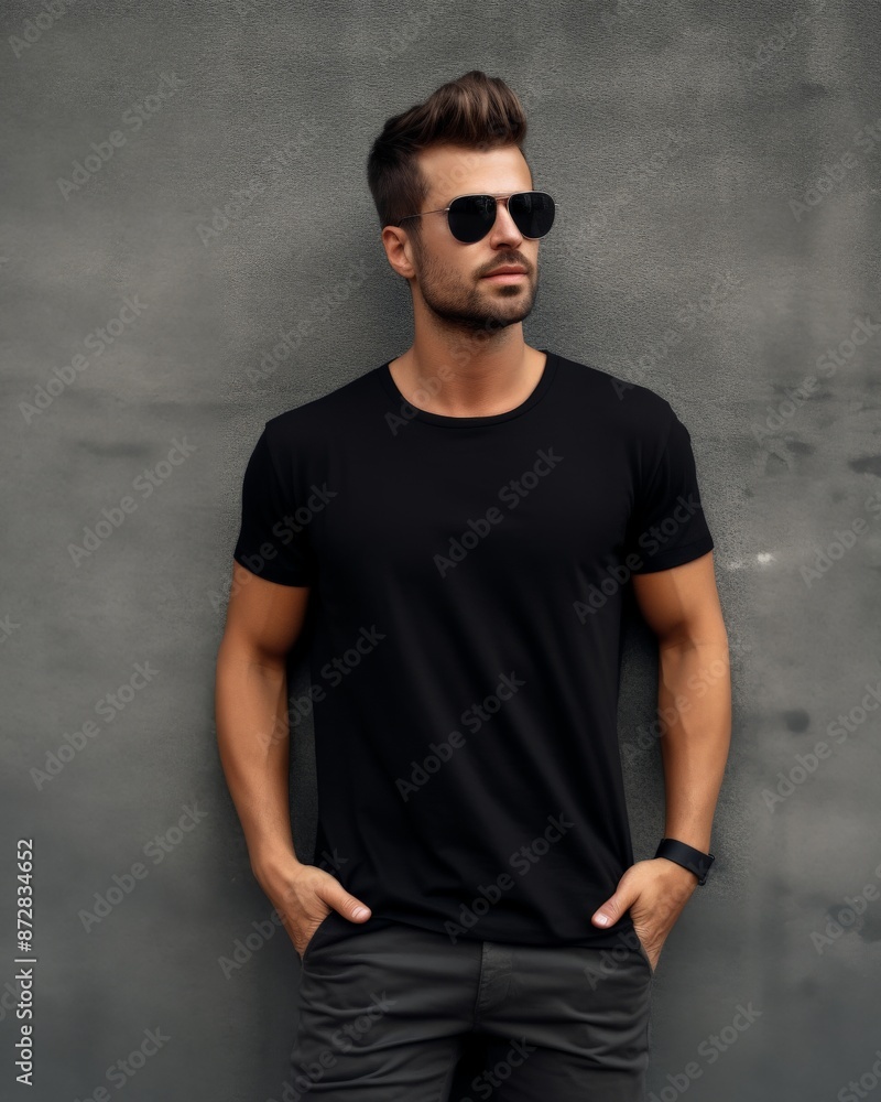Naklejka premium A handsome male model stands in front of a grey wall wearing a black t-shirt