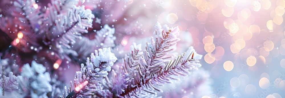 Snowy Christmas Tree Branch with Bokeh Lights Snowy Christmas Tree Branch with Bokeh Lights