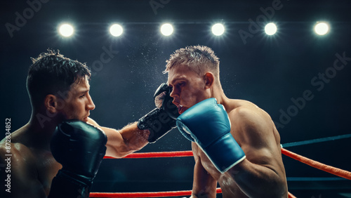 Foto Intense Championship Boxing Match Between Two Male Fighters Under Bright Lights, Powerful Punches and Fierce Competition in the Ring