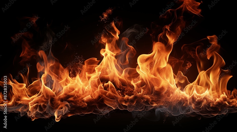 Intense Flames and Smoke from a Burning Fire Against Dark Background Intense Flames and Smoke from a Burning Fire Against Dark Background