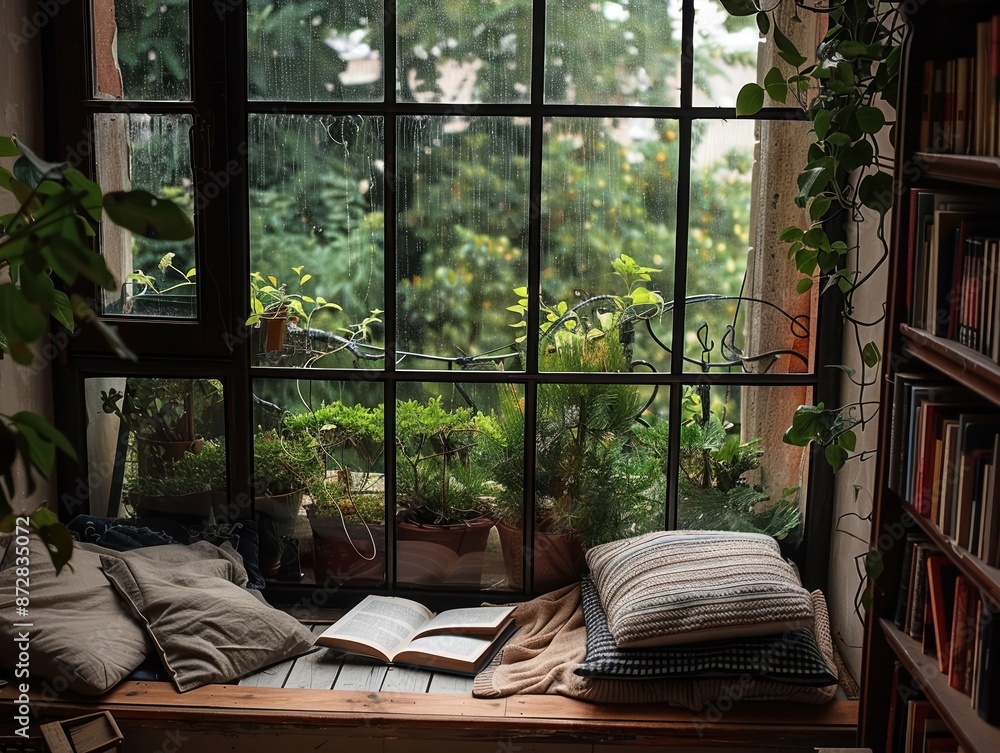 Fototapeta premium A cozy reading nook by a large window during a rainstorm