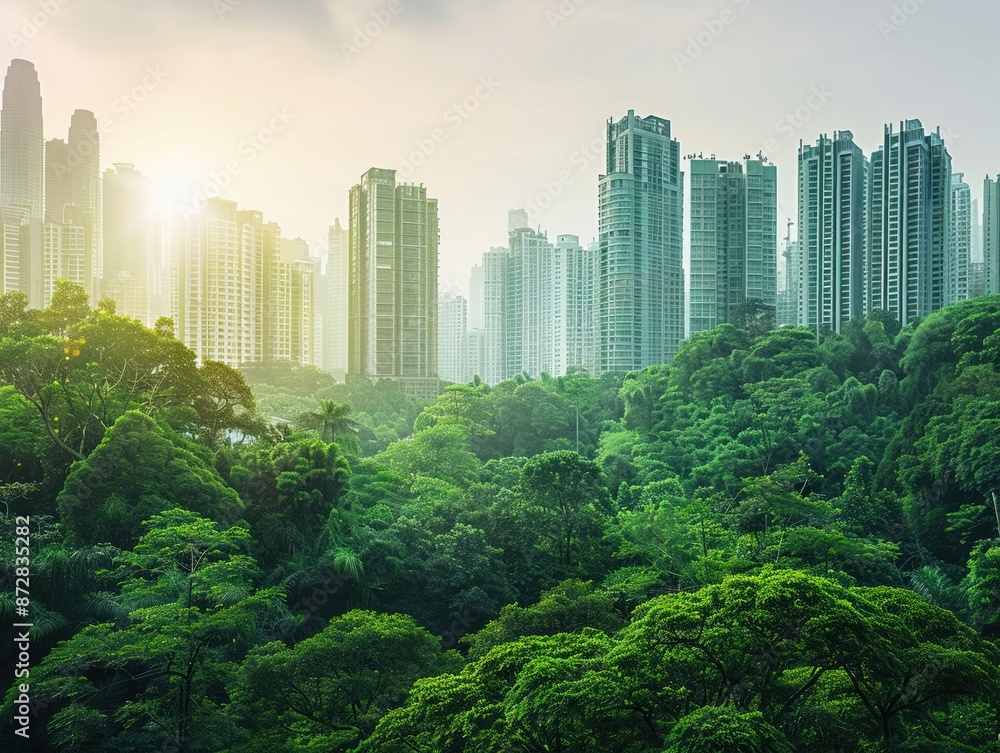 A vibrant cityscape transitions into a lush green forest symbolizing urban sustainability A vibrant cityscape transitions into a lush green forest symbolizing urban sustainability