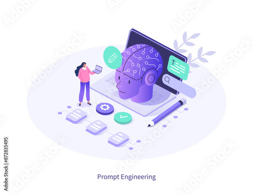 Prompt engineering. Character working with generative AI model tools. Artificial intelligence in business concept. Isometric vector illustration.