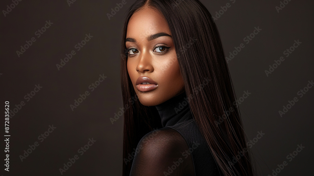 A beautiful woman with long straight hair, showcasing her luxurious and shiny hair against an isolated dark brown background. She is wearing a black top A beautiful woman with long straight hair, showcasing her luxurious and shiny hair against an isolated dark brown background. She is wearing a black top