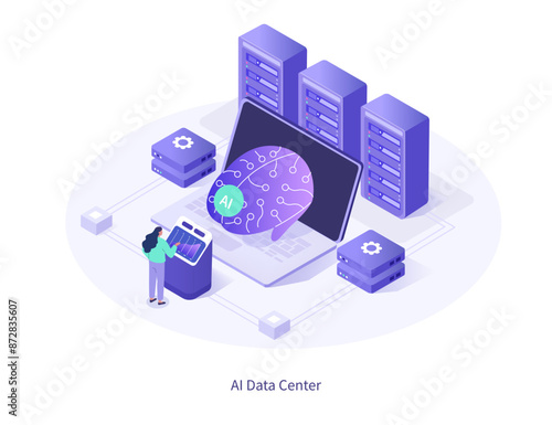 Ai data center industry. Character working with generative model tools at AI server. Artificial intelligence in business concept. Isometric vector illustration.
