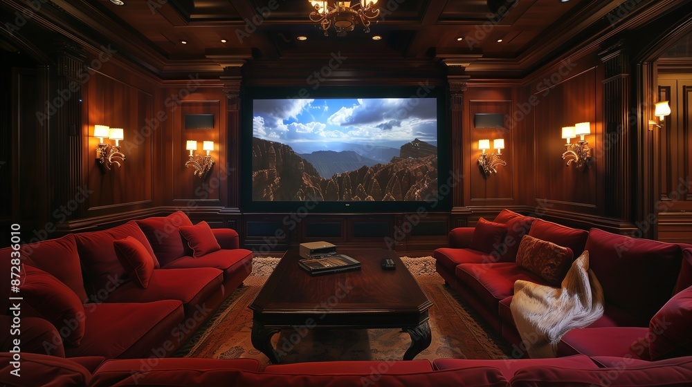 Naklejka premium A luxurious TV lounge featuring a large projector screen