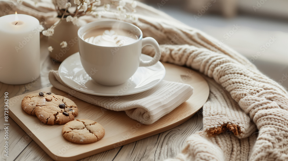 Steaming cup of coffee with cookies on a knitted blanket, cozy Coffee Break by the Window Steaming cup of coffee with cookies on a knitted blanket, cozy Coffee Break by the Window