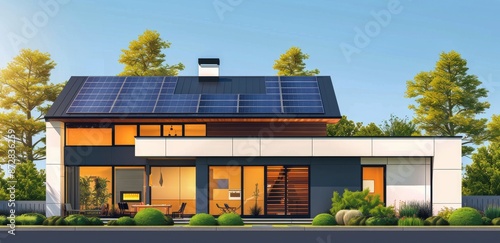 Modern Home With Solar Panels on Sunny Day