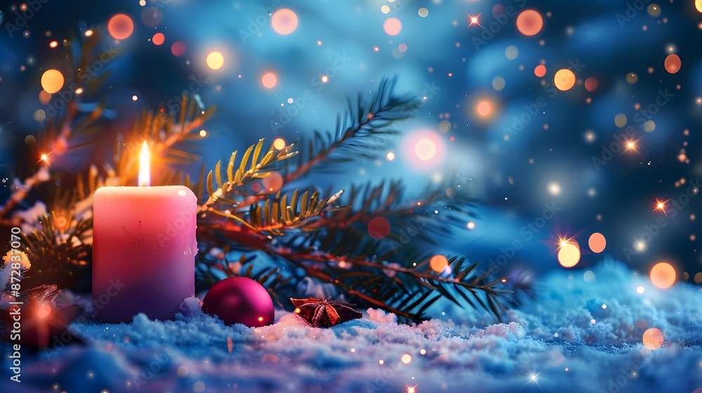 Pink Candle Christmas Background with Snow Pink Candle Christmas Background with Snow