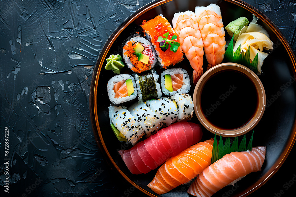 sushi rolls with rice and fish, soy sauce on a dark stone background sushi rolls with rice and fish, soy sauce on a dark stone background