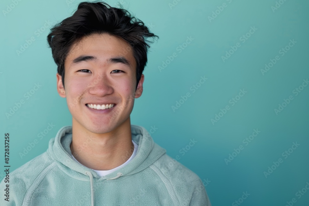 Portrait of a smiling asian man in his 20s dressed in a comfy fleece pullover over soft teal background Portrait of a smiling asian man in his 20s dressed in a comfy fleece pullover over soft teal background