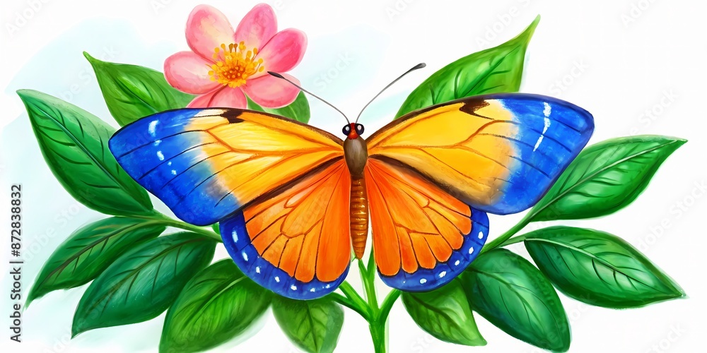 Vibrant orange and yellow butterfly with intricate blue wings perched on a delicate pink flower amidst lush green leaves and soft focus background. Vibrant orange and yellow butterfly with intricate blue wings perched on a delicate pink flower amidst lush green leaves and soft focus background.