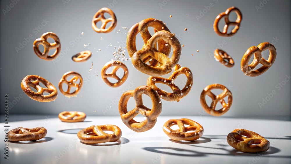 A mesmerizing snapshot of fragmented pretzel remnants frozen in mid-air, suspended above a pristine white background with dramatic shadows. A mesmerizing snapshot of fragmented pretzel remnants frozen in mid-air, suspended above a pristine white background with dramatic shadows.