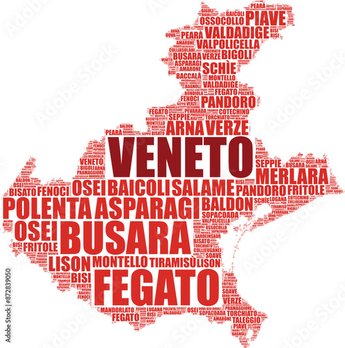 Italian region Veneto map silhouette word cloud made of local names of foods and wines