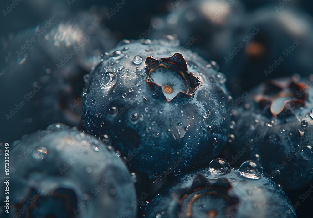 Fototapeta premium Close-Up Dewy Blueberries Macro Photography