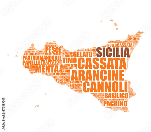 Italian region Sicily map silhouette word cloud illustration made of foods and wines local names