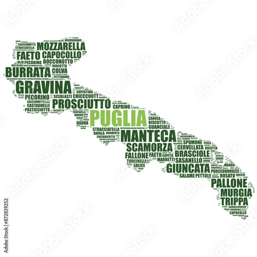 Italian region Puglia map silhouette word cloud made of local names of foods and wines