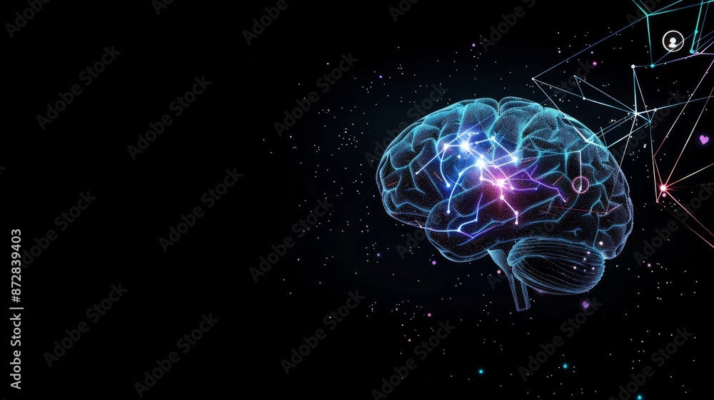 A stylized human brain centered on the right two-thirds of a black background, A stylized human brain centered on the right two-thirds of a black background,