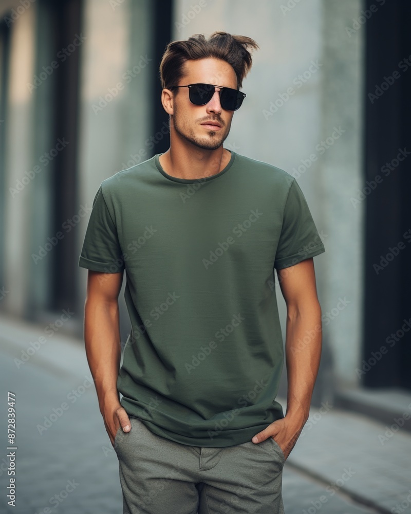 A man walks down a city street in a green t-shirt A man walks down a city street in a green t-shirt