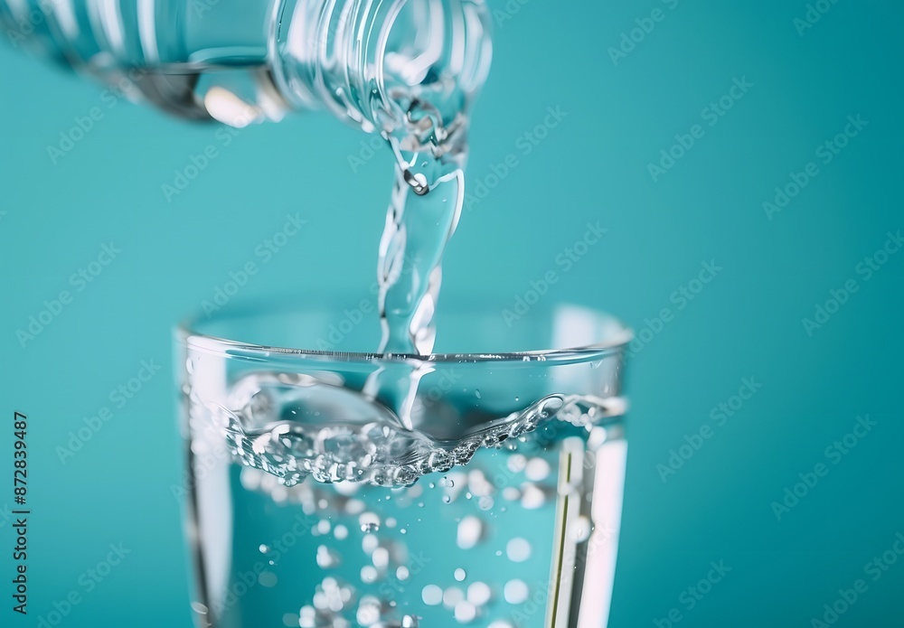 Pouring Fresh Water into Glass on Blue Background Pouring Fresh Water into Glass on Blue Background
