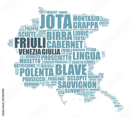 Friuli Venezia Giulia Italian region map silhouette tagcloud with local foods and wines