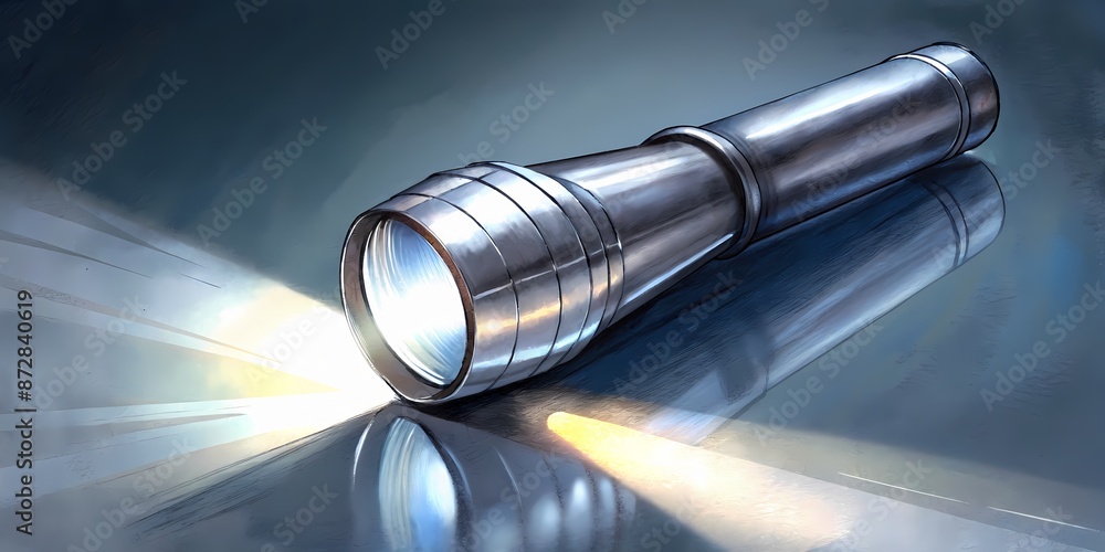 Sleek modern flashlight with metallic finish rests on reflective surface, casting sharp beam of light in dark room, highlighting surrounding shadows and darkness. Sleek modern flashlight with metallic finish rests on reflective surface, casting sharp beam of light in dark room, highlighting surrounding shadows and darkness.
