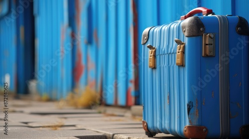 a blue suitcase with wheels is sitting on a floor.