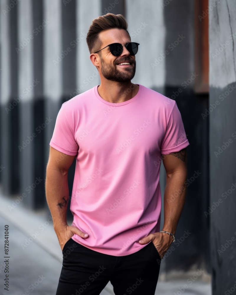 Smiling man in pink shirt and sunglasses on sunny day Smiling man in pink shirt and sunglasses on sunny day