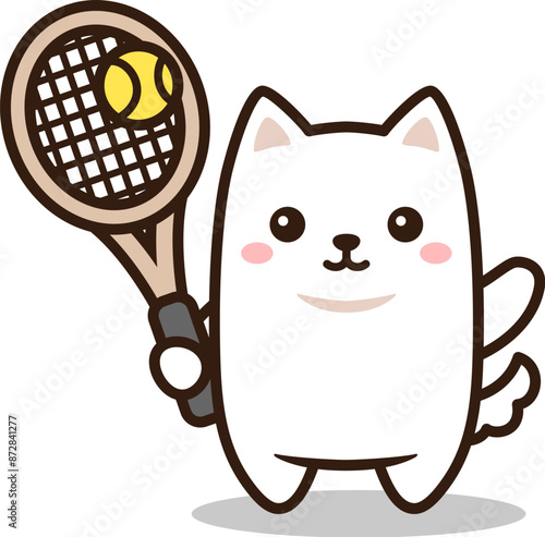 テニスをしている白いイヌのイラスト（A dog playing tennis.）