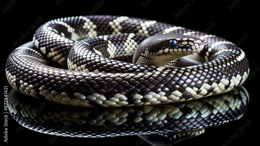 Obraz premium Majestic royal snake coil, sleek black scales glisten, contrasting white patterns evoke regality, power, and ancient mystique in subtle darkness.