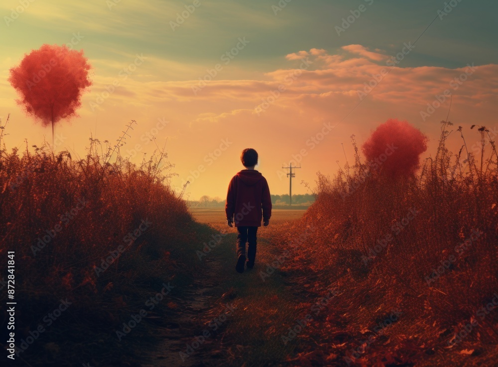 Fototapeta premium A boy is walking down a country road, viewed from behind.