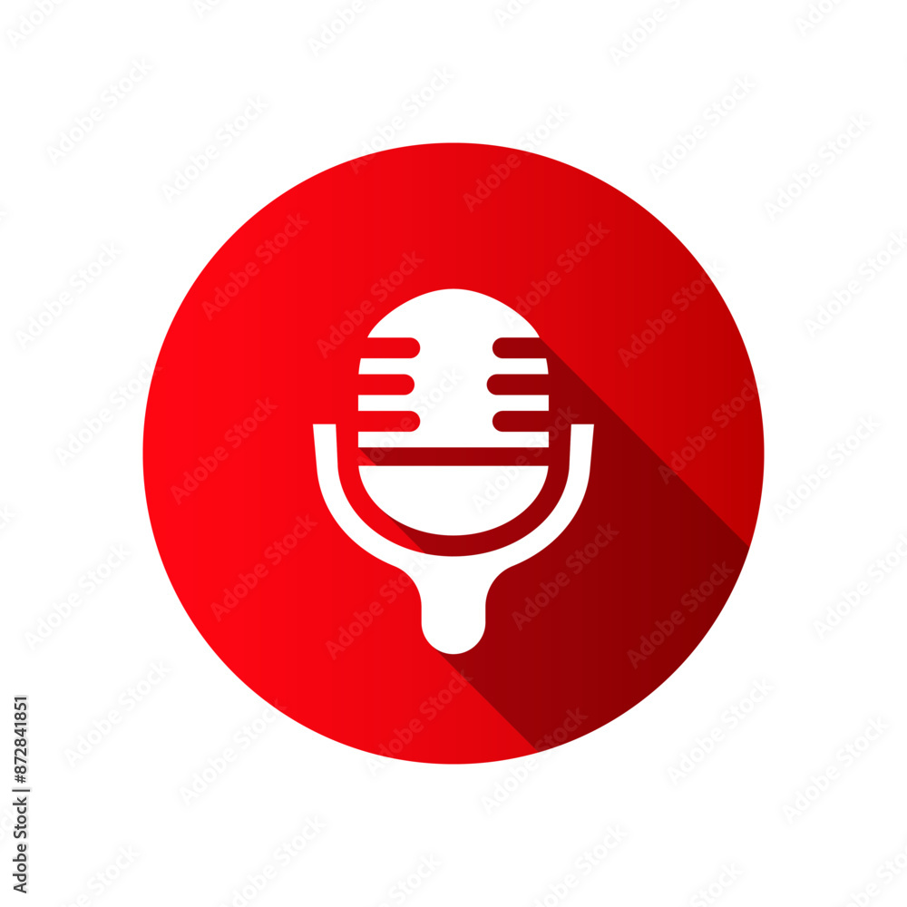Microphone icon and audio podcast radio logo symbol in flat style red color. Vector illustration isolated on white background Microphone icon and audio podcast radio logo symbol in flat style red color. Vector illustration isolated on white background