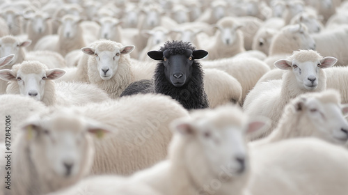 A lone black sheep in a flock of white sheep.