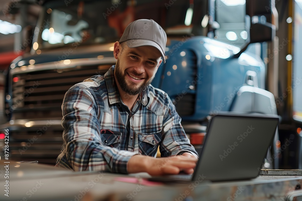 Happy mechanic using laptop while working at truck repair workshop. Happy mechanic using laptop while working at truck repair workshop.