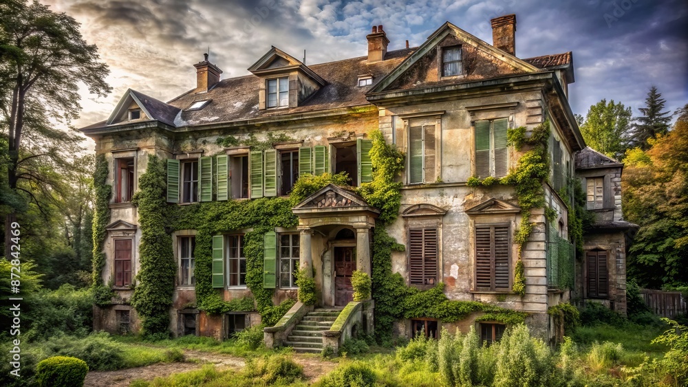 Fototapeta premium Dilapidated, century-old mansion with overgrown gardens, broken shutters, and a worn, peeling facade, exuding eerie, forsaken atmosphere.