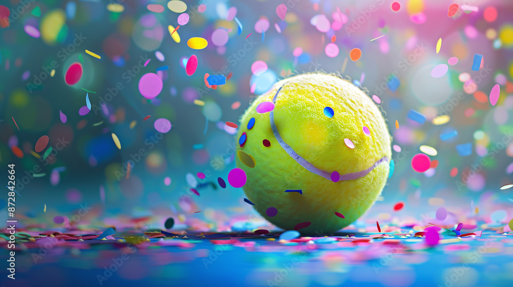 Tennisball with Confetti Background: Celebratory and Festive Theme Tennisball with Confetti Background: Celebratory and Festive Theme