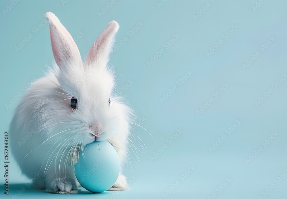 Obraz premium Cute White Bunny Holding Blue Easter Egg