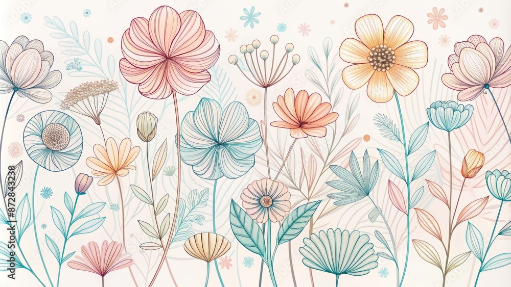 custom made wallpaper toronto digitalDelicate abstract flowers bloom in gentle hues on a whimsical wildflower background, rendered in simplistic continuous line art style.